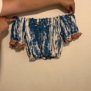 Off shoulder blue and white crop top